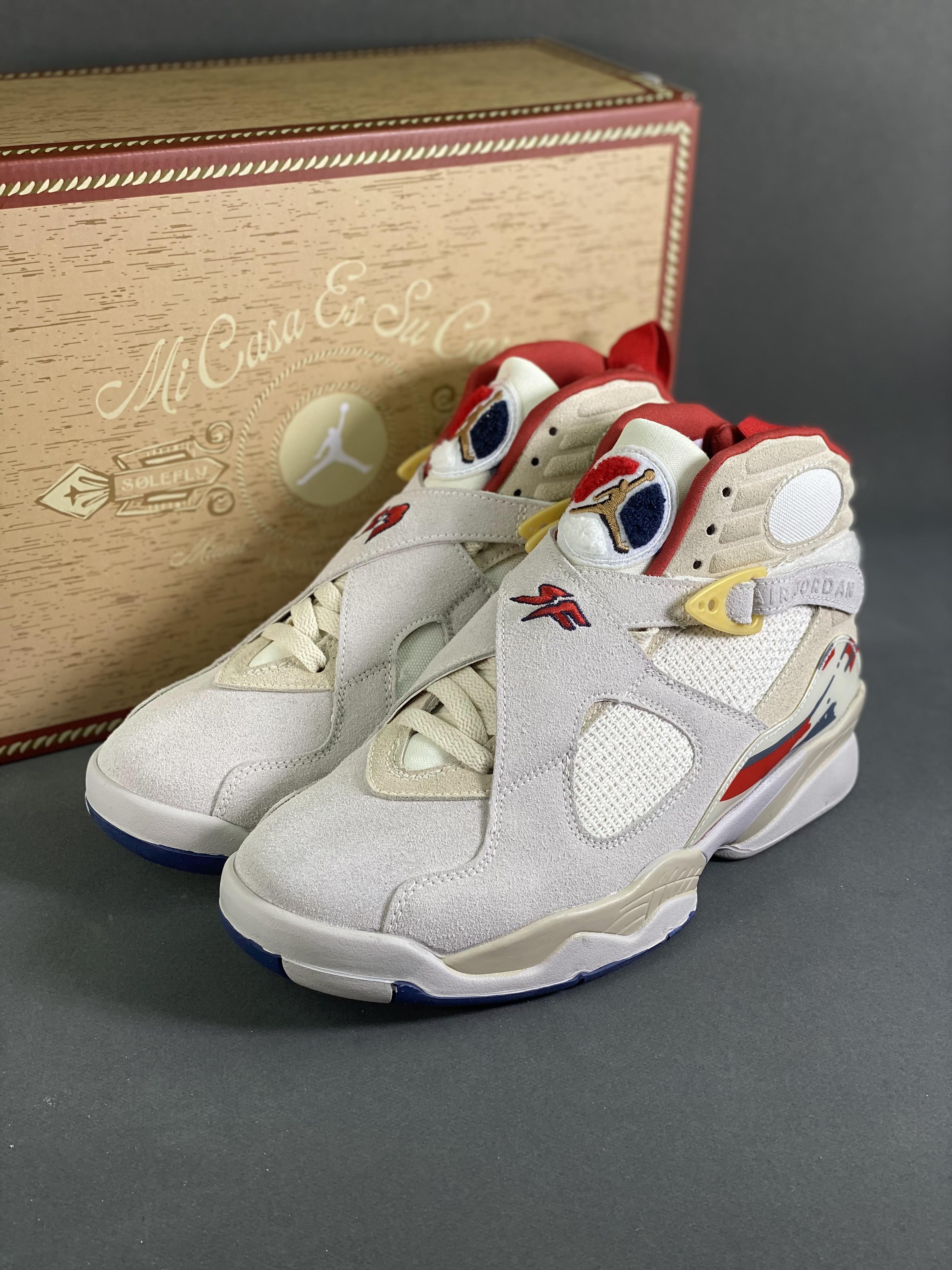 SoleFly x Jordan Air Jordan 8 "Mi Casa Es Su Casa" shock-absorbing and wear-resistant mid-top retro basketball shoes for men, white, item number: FJ2850-107, size: 40-47.5 (with 9